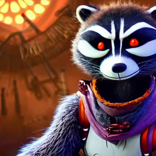 Prompt: animated film still of rocket raccoon in the nightmare before christmas, hyperrealistic, ultra realistic, realistic, highly detailed, epic, hd quality, 8k resolution, body and headshot, film still