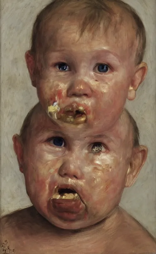 Prompt: Putin as a baby eating used up diapers covered in brown substance, Putin portrait, face of fear, ugly body painted by Lucian Freud, Ilya Repin