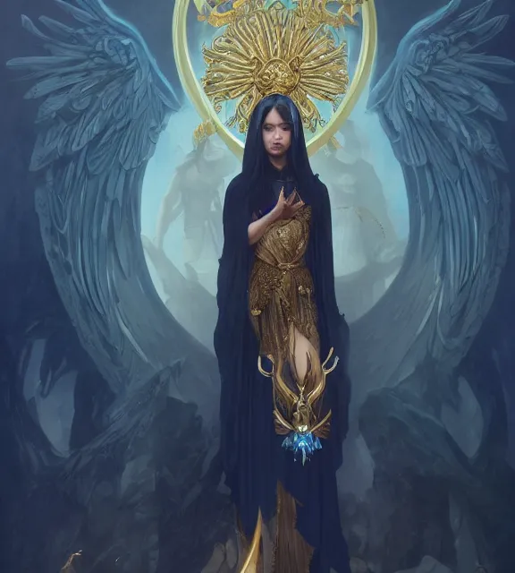 Prompt: god of death, young male, crystal cave background, elegant dark blue dress, very detailed, throne, very intricate details, jewelry, gold eyeshadow, elaborate long black hairstyle, wings, cinematic, artstation, william bouguereau, alphonse mucha, greg rutkowski, rossdraws, octane render