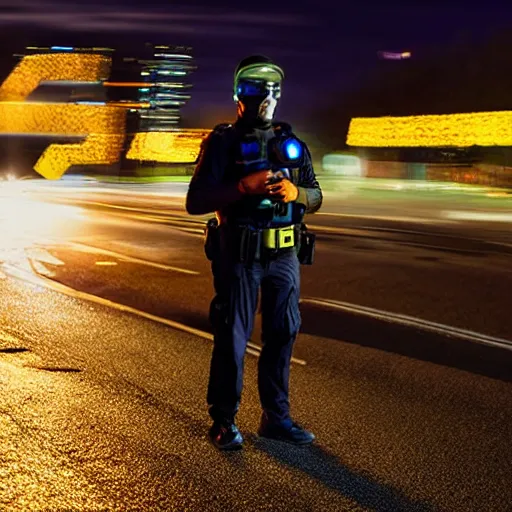 Image similar to biolumenescent, glowing, glow - in - the - dark fbi agent on road at night