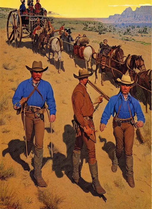 Image similar to old west wagon trail, oregon trail. portrait by jean giraud and anton otto fischer and john philip falter and will eisner and gil elvgren