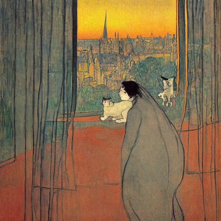 Image similar to portrait of sad woman and persian cat with city with gothic cathedral and tall trees seen from a window frame with curtains. sunset. mikalojus konstantinas ciurlionis, henri de toulouse - lautrec, utamaro, matisse, monet