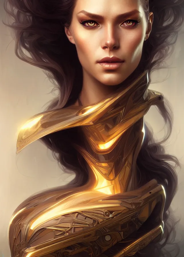 Image similar to futuristic woman portrait, sci-fi, amber eyes, face, long hair, fantasy, intricate, elegant, highly detailed, digital painting, artstation, concept art, smooth, sharp focus, illustration, art by artgerm and greg rutkowski and alphonse mucha