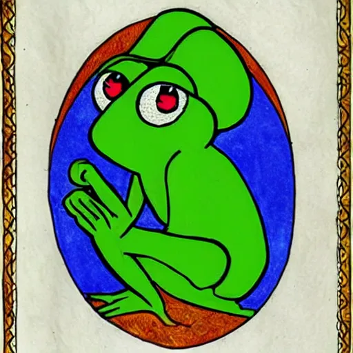 Image similar to pepe the frog medieval illuminated manuscript