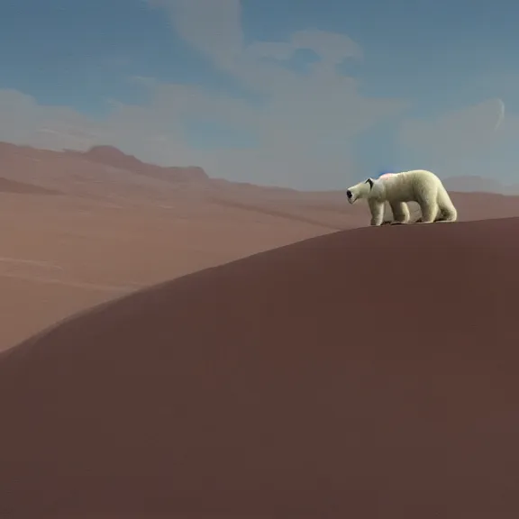 Prompt: polar bear in the desert, painting by Craig Mullins, octane rendering, soft morning lighting, wide angle lens, in the style of Hayao Miyazaki, trending on artstation,