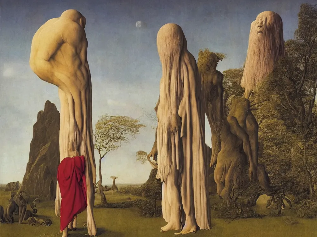 Prompt: albino mystic, with his back turned, looking at a giant totemic African statue, archaic, geometric, strange god, mound, rock. Painting by Jan van Eyck, Audubon, Rene Magritte, Agnes Pelton, Max Ernst, Walton Ford