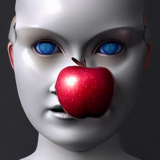 Prompt: female replicant robot holding an apple, trending on artstation, concept, ultra realistic 4k quality