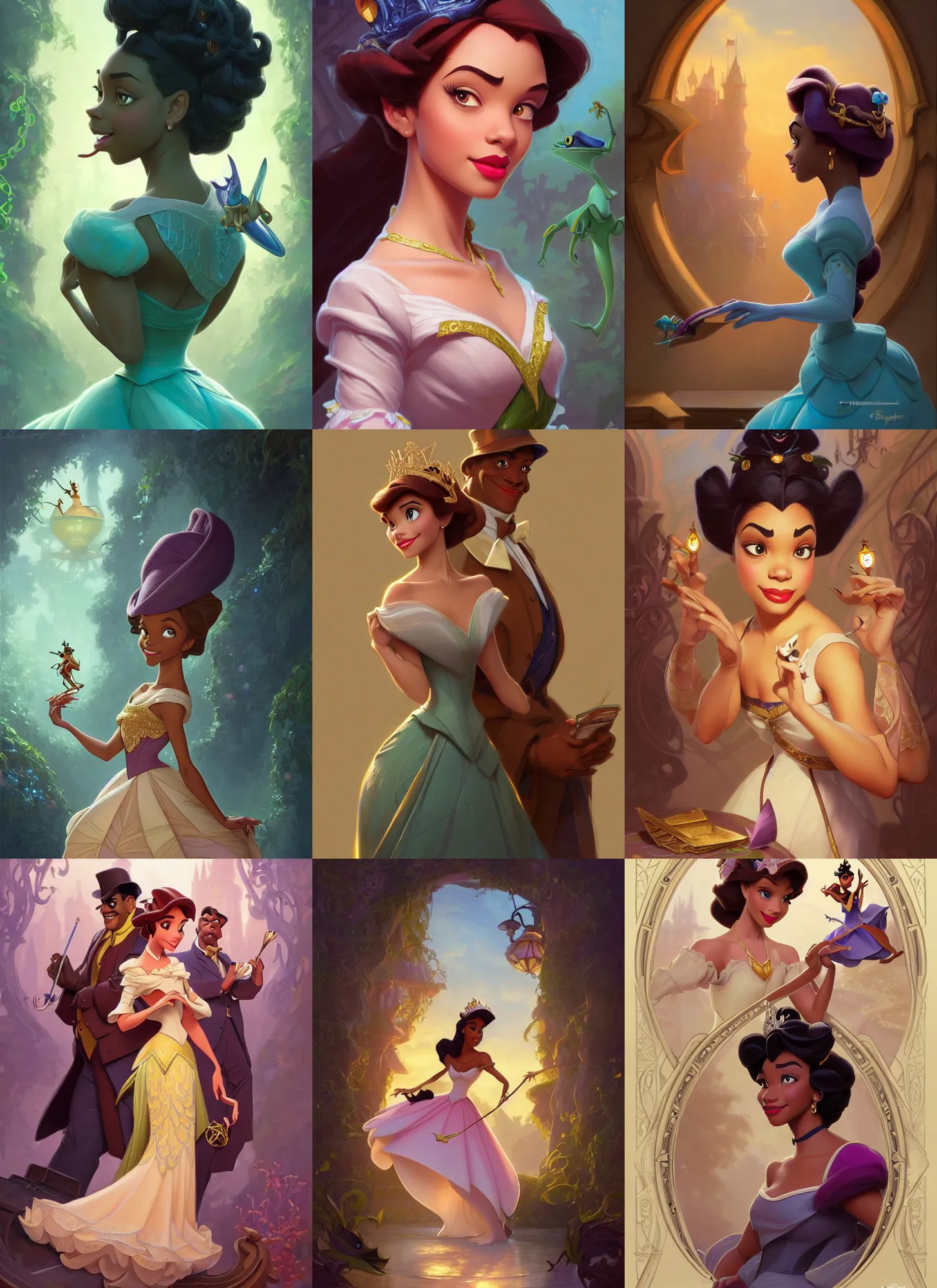 Prompt: characters from disney's princess and the frog, d & d, fantasy, intricate, elegant, highly detailed, digital painting, artstation, concept art, matte, sharp focus, illustration, hearthstone, art by artgerm and greg rutkowski and alphonse mucha