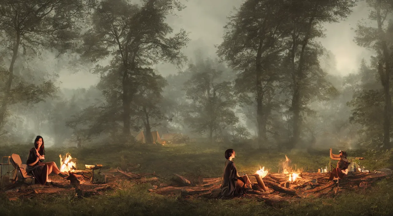 Prompt: A panoramic photograph of a girl with short black hair in a tan tenchcoat sitting on a log and drinking tea by the campfire at night in a grove, large landscape with a village in the valley, by Greg Rutkowski, 4k photorealistic, volumetric lighting, HD, high details, dramatic, trending on artstation