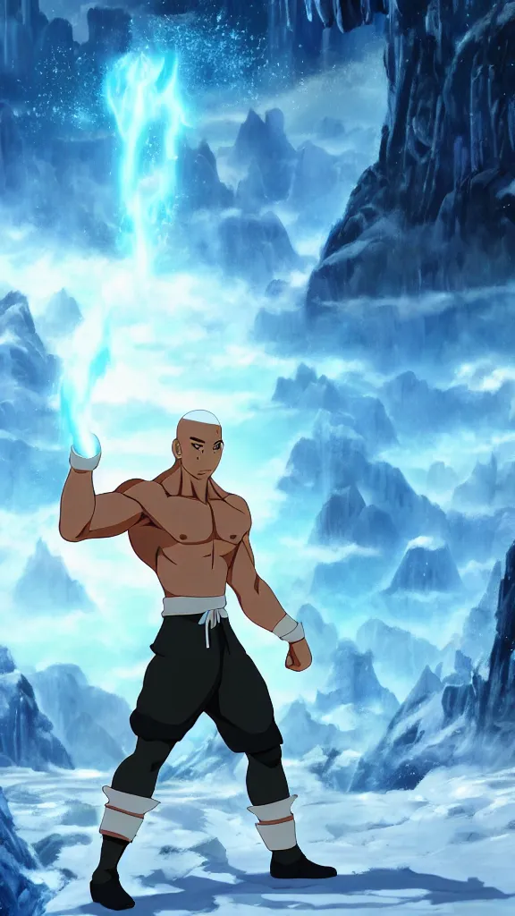 Image similar to A buff guy, with Ice Powers, standing in a snowy vista. Still from Avatar the Last Airbender (2009). Anime Style. 4K HD Wallpaper. Premium Prints Available.