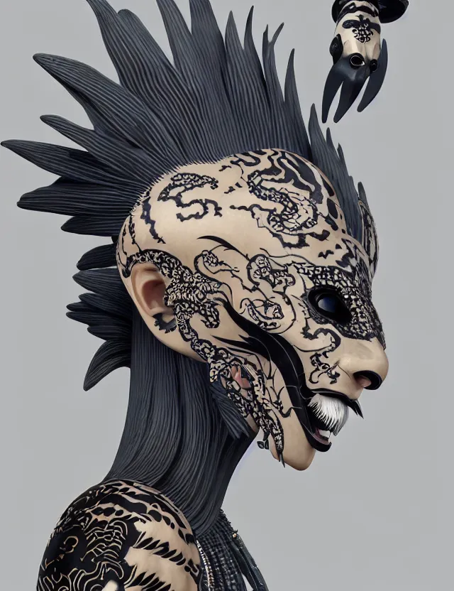 Image similar to 3 d goddess close - up profile simple portrait punk with mohawk with tiger skull. beautiful intricately detailed japanese crow kitsune mask and clasical japanese kimono. betta fish, jellyfish phoenix, bio luminescent, plasma, ice, water, wind, creature, artwork by tooth wu and wlop and beeple and greg rutkowski