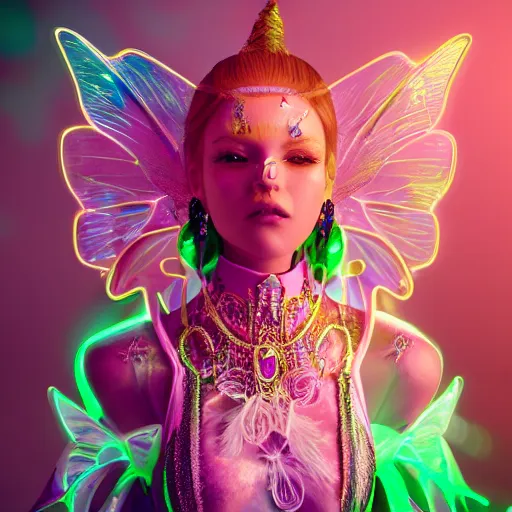 Image similar to portrait of neon fairy princess, glowing, ornate and intricate jewelry, jaw dropping beauty, glowing background lighting, white accent lighting, hyper detailed, fairy tale, 4 k octane render