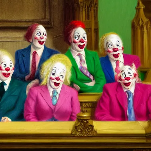 Image similar to a highly detailed beautiful portrait close up hyper realistic photograph of british members of parliament in the house of commons wearing pastel coloured clown costumes with pleasant oversized joyful faces, they are smoking. in the style of edward hopper, richard hamilton. concept art. green leather benches. photographic. concept. crisp digital art. no artefacts. desaturated. high fidelity facial portrait. 8 k