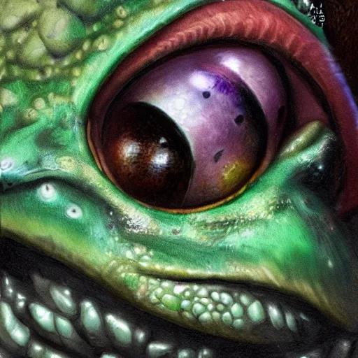 Prompt: close up portrait of a female frog princess, hyper detailed, by greg rutkowski, in the style of magic the gathering