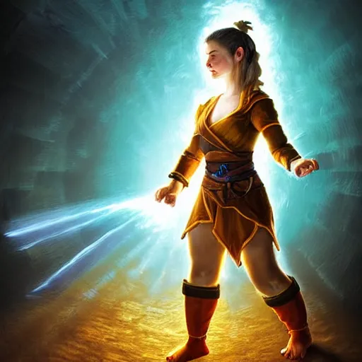 Prompt: full body portrait of a female halfling hobbit monk fistfighter, hallucinating a holy vision of her goddess of mist and light, flowing robes and leather armor, detailed dynamic light painting by albrecht anker