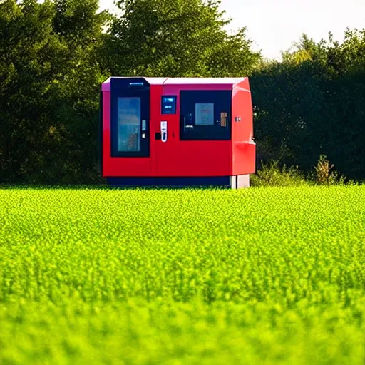 Prompt: cnc lathe from haas stands in a green field, the sky is bright red with clouds