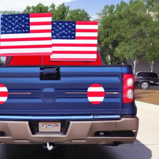 Image similar to photo of biden pickup truck with american flags, there are very attractive woman in the back of the truck by the tailgate in bikinis.