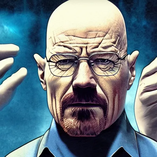 Prompt: walter white as thanos with infinity gauntles