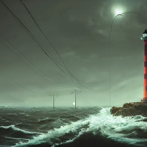 Image similar to lighthouse in a stormy sea, mechanic, robotic, abandoned, overgrown, cables, moody, realistic, concept art by simon stalenhag