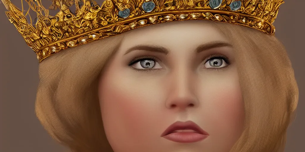 Image similar to realistic portrait of the future queen with golden crowns and pretty eyes, ultra realistic, 8k