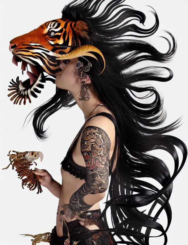 Image similar to 3 d goddess tiger skull half - turn portrait with long hair with ram skull. beautiful intricately detailed japanese crow kitsune mask and clasical japanese kimono. betta fish, jellyfish phoenix, bio luminescent, plasma, ice, water, wind, creature, artwork by tooth wu and wlop and beeple and greg rutkowski