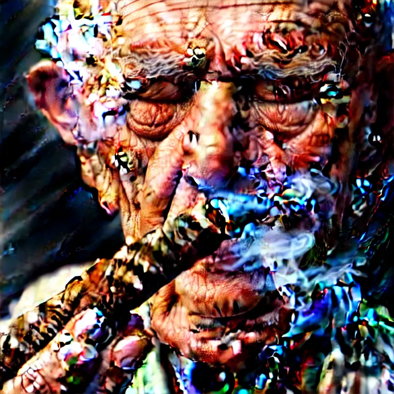 Image similar to a detailed portrait of an old man, smoking a lit perfectly symmetrical cuban cigar, cinematic photography, smoke rising like clouds, beautifully symmetrical, super resolution, cgi, trending on art station, volumetric lighting & shadows, hyper detailed, 8 k, unreal engine, canon 2 0 0 mm,