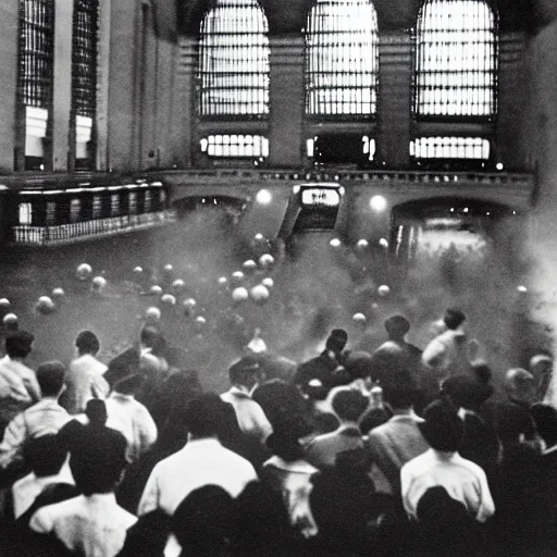 Prompt: color photo of water - balloon fight in grand central station circa 1 9 2 3