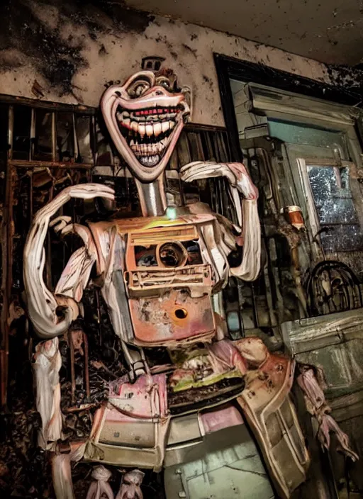 Image similar to a nightmarish animatronic in an abandoned family restaurant