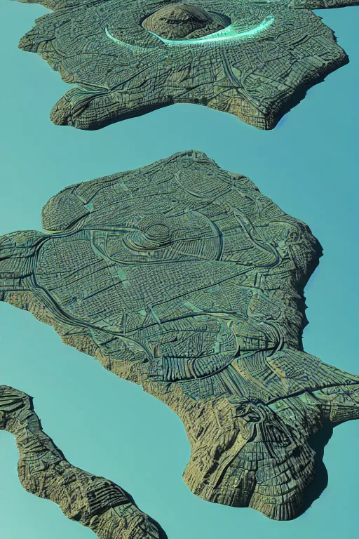 Image similar to a stunning 3 d map of an extraterrestrial territory with 3 d landmarks, award winning behance digital art, earth tones, geometric lines