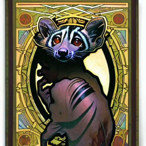 Prompt: An african civet by Alphonse Mucha, Sana Takeda and Julie Dillon