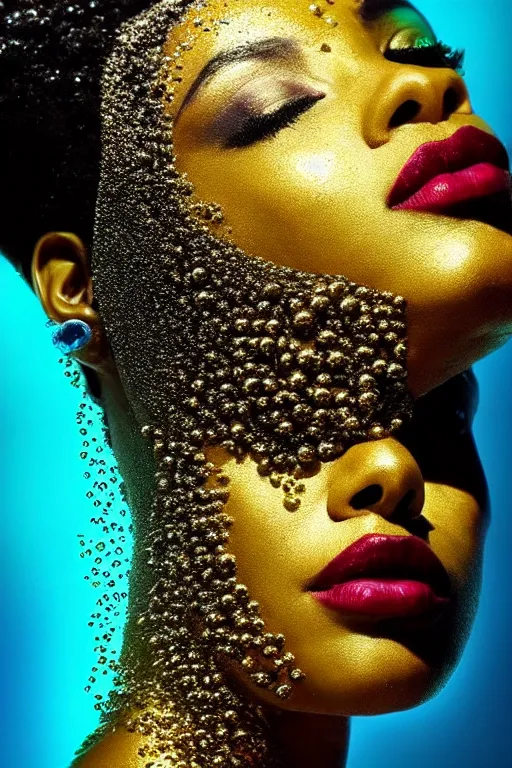 Image similar to hyperrealistic post - dada cinematic very expressive! profile black oshun goddess, in water!! up to shoulders, mirror dripping droplet!, gold flowers, highly detailed face, digital art masterpiece, smooth eric zener cam de leon, dynamic pearlescent turquoise light, low angle uhd 8 k, sharp focus