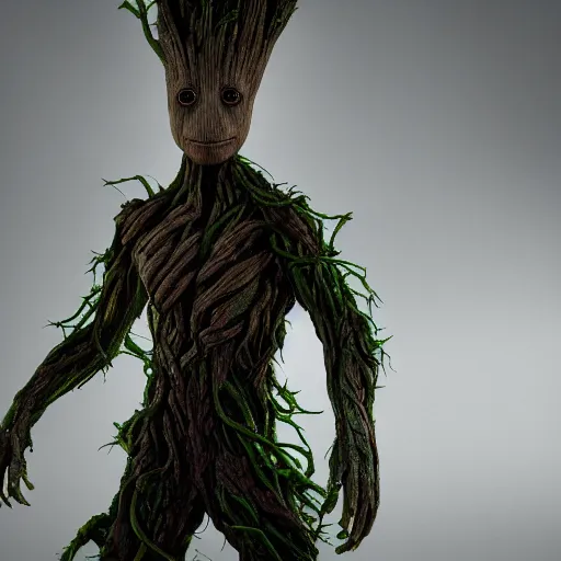 Prompt: photorealistic Groot inspired by Tim Burton and Giger, octane render, unreal engine 4k, volumetric light, fog, detailed