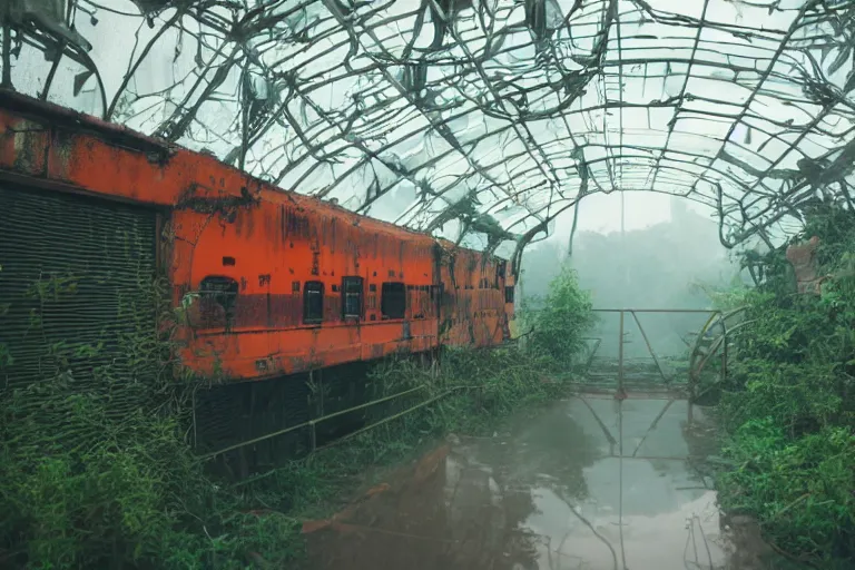 Image similar to Film still of a brightly lit bridge on a space ship, metal, floor grills, ventilation shafts, dusty, orange and red lighting, burning fire, water dripping, puddles, wet floor, rust, decay, green vines, overgrown, tropical, Cinestill colour cinematography, anamorphic