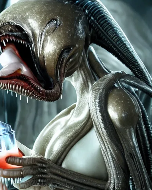 Image similar to cinematic still of kim kardashian being mouth fed by an xenomorph feeding her a transparent alien liquid, wet flowing hair, gooey skin, illustration, unreal engine 5, 8 k, directed by h. r. giger.