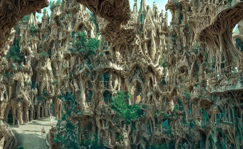 Prompt: an awesome photograph of a heavenly city with lush walkways, beautiful bioarchitecture design by kedem pitsou, m. c. escher, gaudi sagrada familia, and bisti badlands, emerald gold and beksinski, highly detailed, bokeh, beautiful, artstation