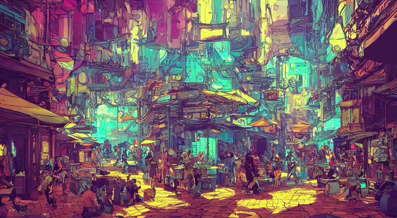 Image similar to bazaar zouk oriantal full color sky shine place mosquet painting stylized digital illustration video game icon global illumination ray tracing that looks like it is from borderlands and by feng zhu and loish and laurie greasley, victo ngai, andreas rocha, john harris