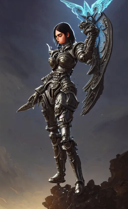 Image similar to battle angel, full armor, full body portrait, gentle, female, dark ruins landscape, d & d, fantasy, intricate, elegant, highly detailed, digital painting, white gold color palette, artstation, octane render, concept art, matte, sharp focus, illustration, hearthstone, art by artgerm and greg rutkowski and alphonse mucha