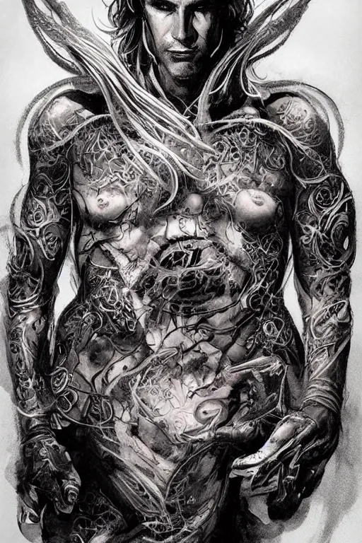 Image similar to Portrait of frontal standing pose torso of a very attractive man heavily all his skin is covered by BIKER tattoos, surrounded by magic lightings overlays, Intricate, concept art, magic lighting overlays, magical portal opened, D&D!, fantasy style, sharp focus!, ultra detailed, art by Artgerm and Peter Andrew Jones, WLUP, Magali Villeneuve