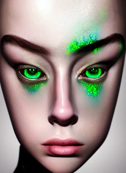 Image similar to portrait of a ominous girl, perfect green eyes, detailed iridescent floral pattern skin, ultra realistic, cinematic lighting, depth of field, artstation, Gottfried Helnwein