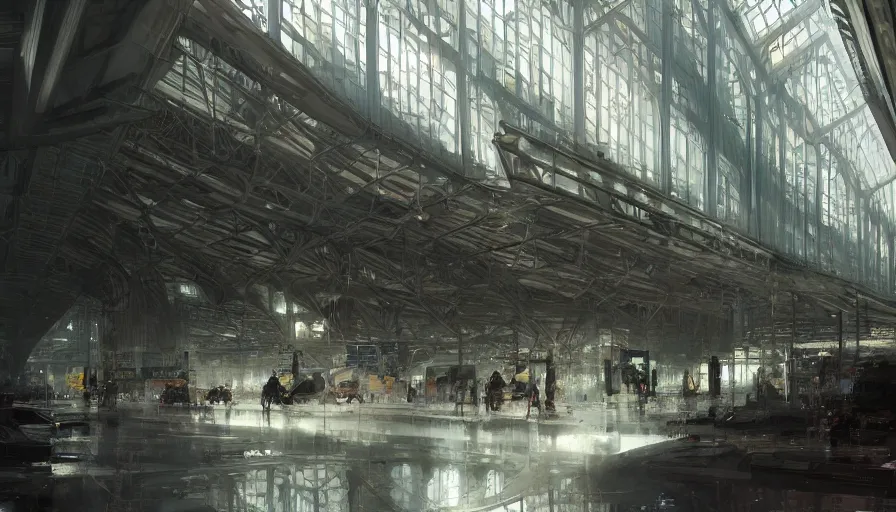 Prompt: berlin hauptbahnhof in year 3 0 2 2 interior, light, shadows, reflections, epic composition, intricate, elegant, volumetric lighting, digital painting, highly detailed, artstation, sharp focus, illustration, concept art, ruan jia, steve mccurry