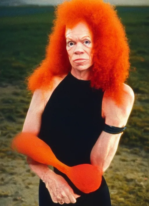 Image similar to photograph of carrot top, shot by helmut newton, nikon 3 5 mm, ektachrome film, golden hour, serious, dramatic