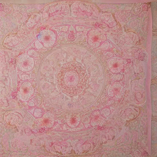 Prompt: A light pink tapestry with a Japanese floral pattern.