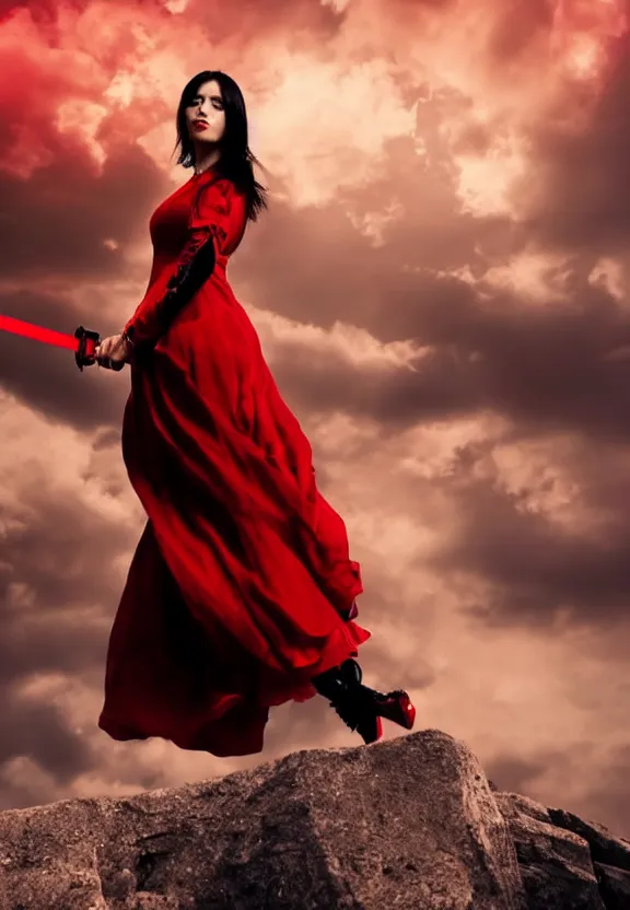 Image similar to a beautiful fierce black haired woman wearing red dress wielding black blade posing heroically, heavenly moonlit clouds background, close up shot