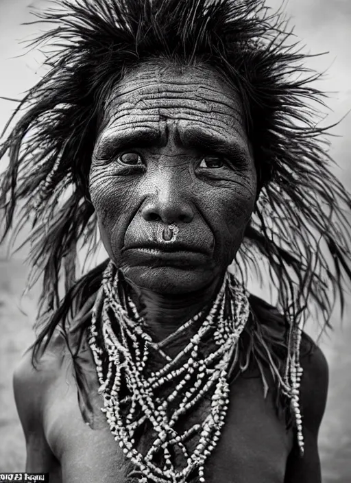 Image similar to Award winning Editorial photo of a Native Kiribati with incredible hair and beautiful hyper-detailed eyes wearing traditional garb with a Bokikokiko by Lee Jeffries, 85mm ND 5, perfect lighting, gelatin silver process