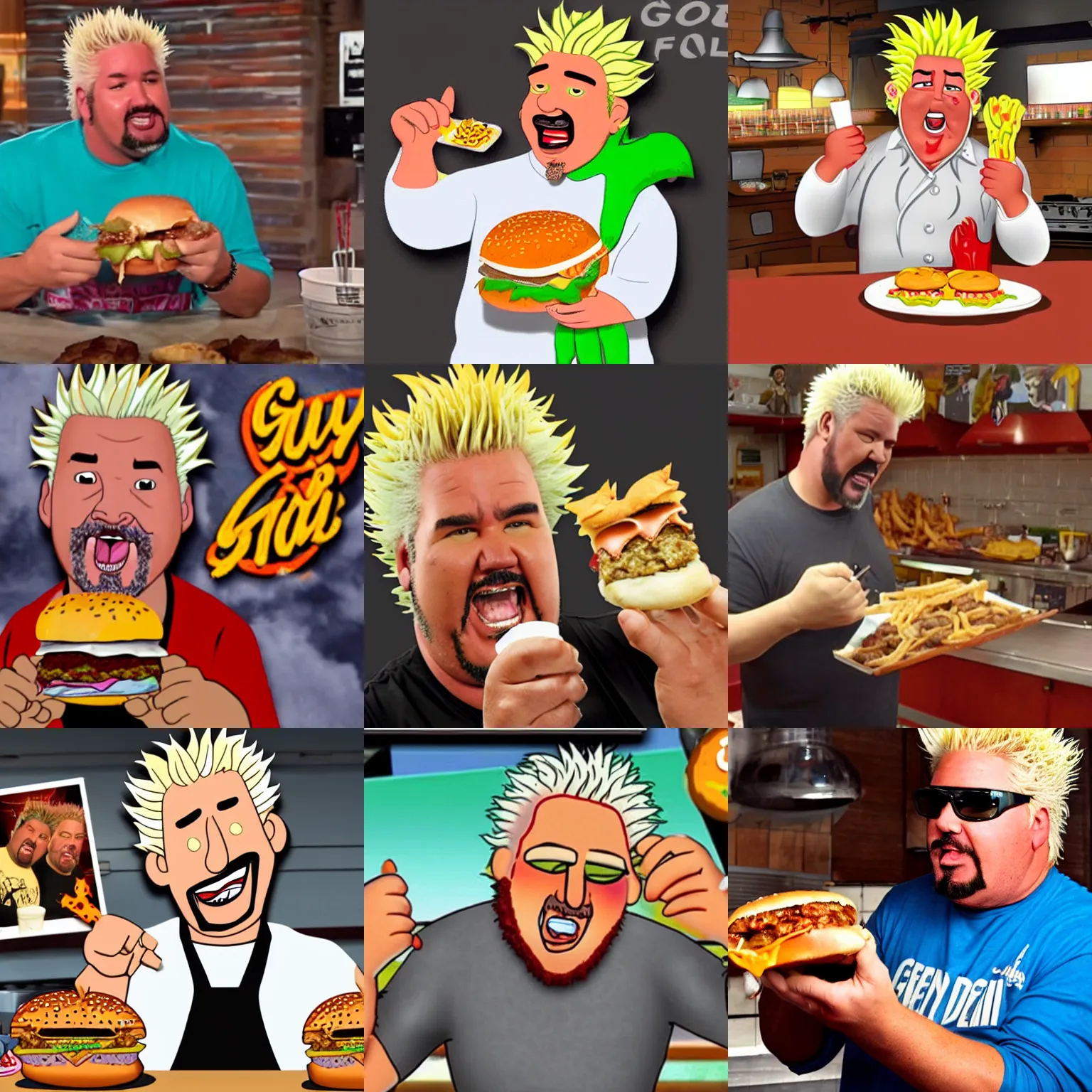 Prompt: Guy Fieri eating a greasy sloppy burger, claymation