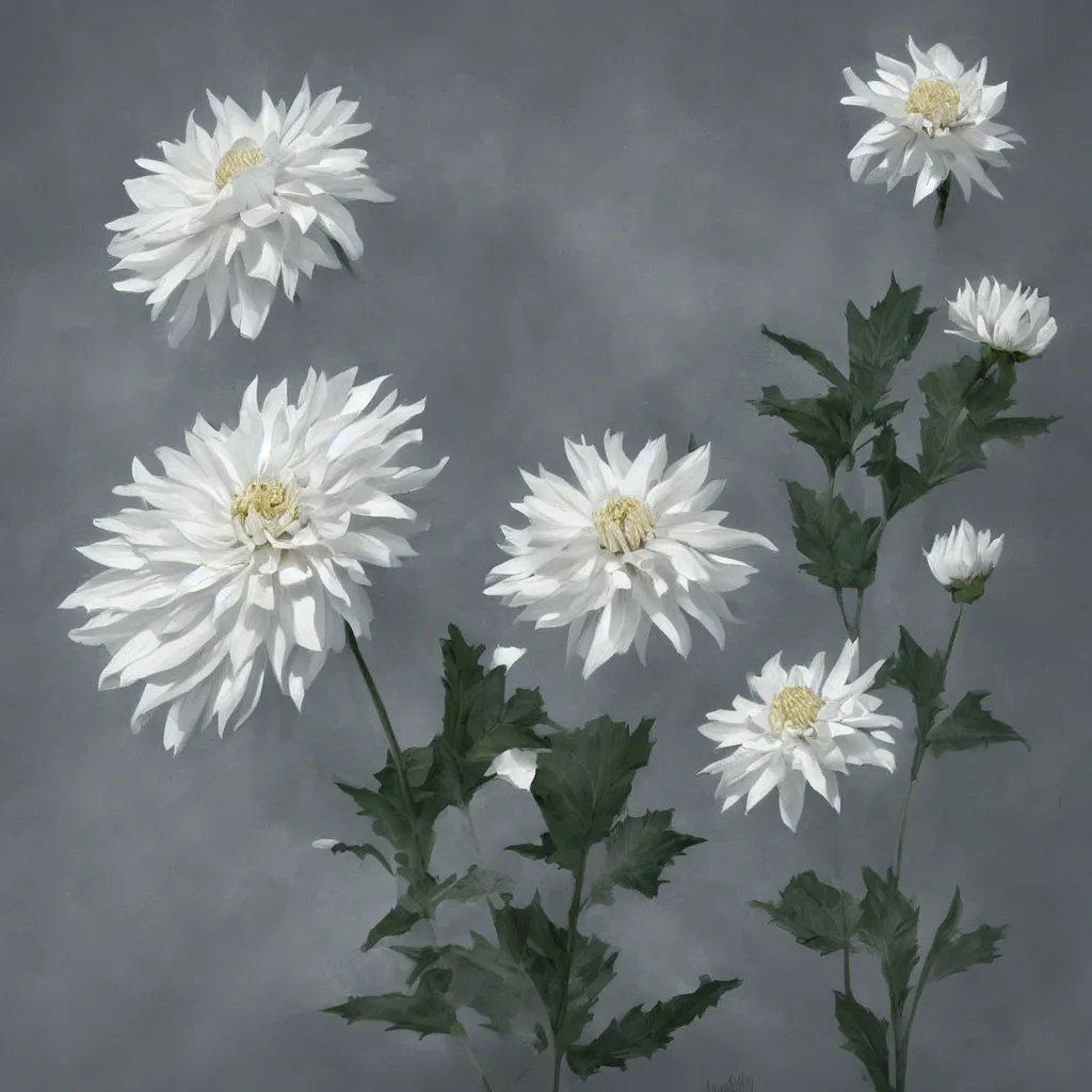 Image similar to painting of a beautiful white dahlia flower trending on artstation in the style of greg rutkowski