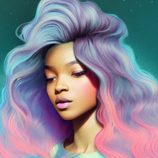 Image similar to black woman with gorgeous pastel balayage hairstyle, as seen on artgerm, octane render, exploding nebulae in the style of alphonse mucha, ultra realistic, highly detailed, 8 k,