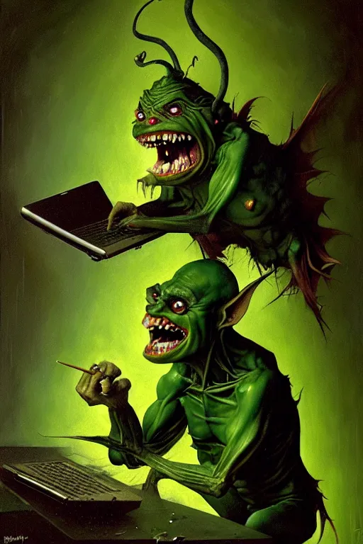 Image similar to hieronymus bosch, greg rutkowski, anna podedworna, painting of a green goblin screaming at a laptop