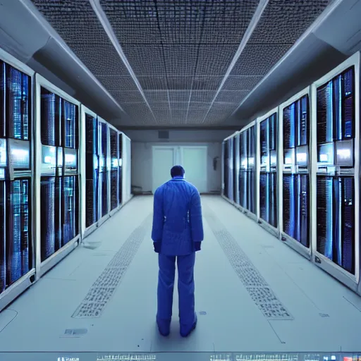 Prompt: hyperrealism detailed photography scene from stanley kubrick movie of highly detailed stylish system administrator from 2 0 7 7's as droid in josan gonzalez, gragory crewdson and katsuhiro otomo, mike winkelmann style with many details working at the detailed data center by laurie greasley hyperrealism photo on dsmc 3 system volumetric epic light rendered in blender
