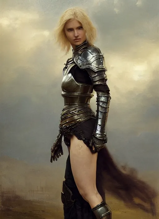 Image similar to young blonde woman wearing a simple black medieval armour, by gaston bussiere, bayard wu, greg rutkowski, giger, maxim verehin, greg rutkowski, masterpiece, sharp focus, cinematic lightning